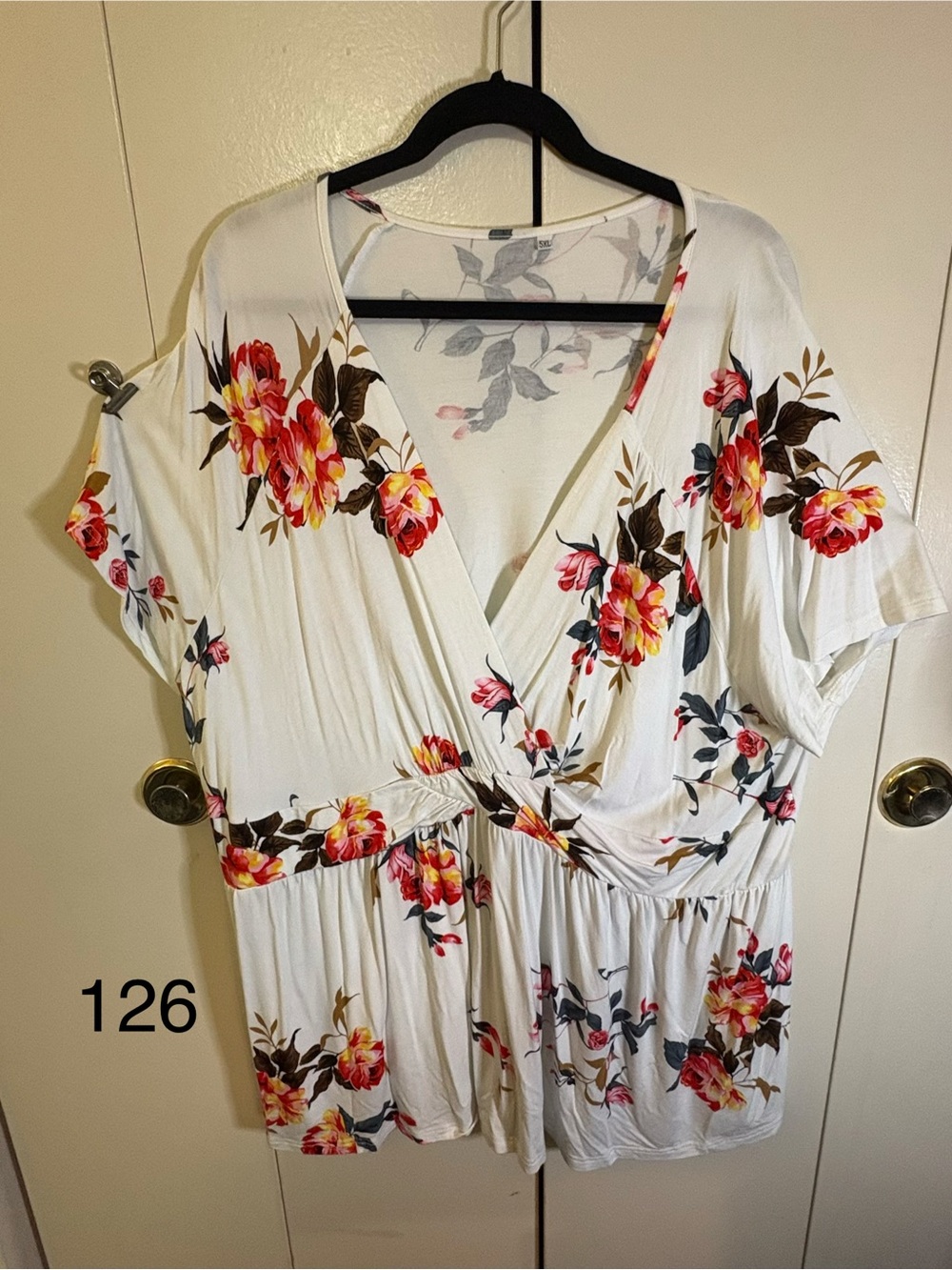 White Floral Surplice Blouse with Pink & Yellow Roses